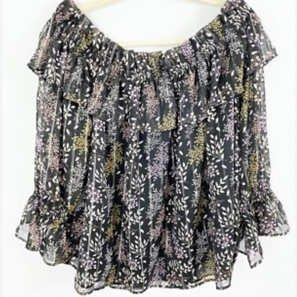 LOFT Black Metallic Multicolor Floral Off-Shoulder Blouse